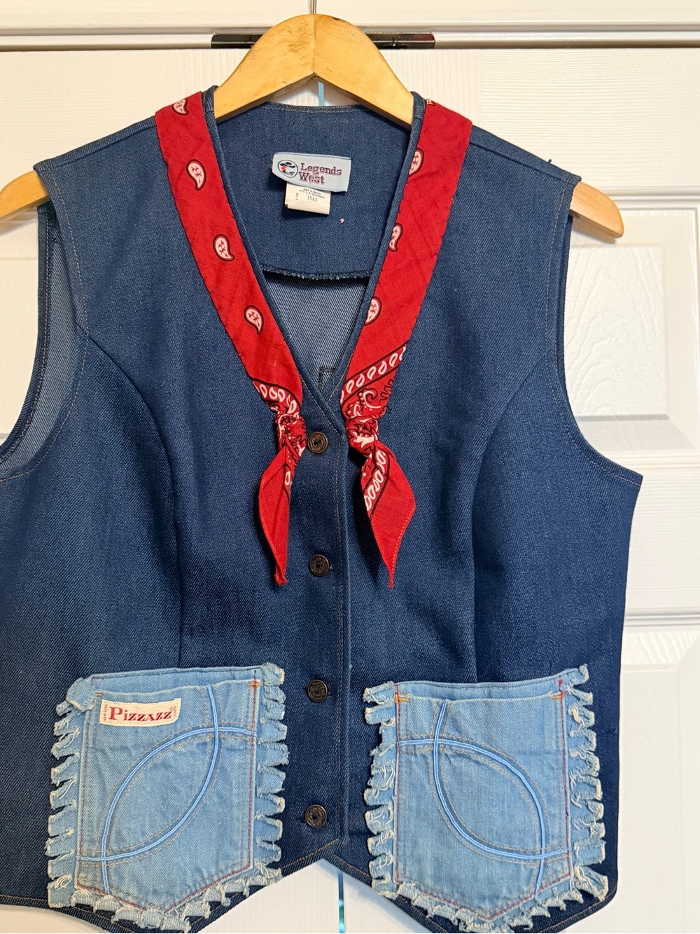 Vintage 80s 90s Legends West Denim Vest Red Bandana Texas Fringe Pocket